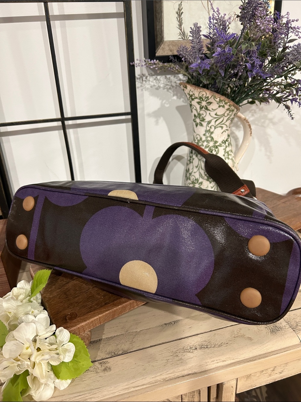 Orla Kiely Purple and Brown Floral Shoulder Bag with Gold Accents - Picture 2 of 5